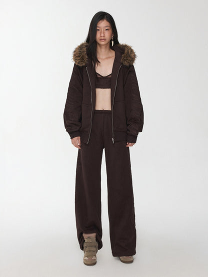 Heavy Flower Embroidered Fur Collar Loose Hooded Drawstring Straight Sweatshirt【s0000014963】