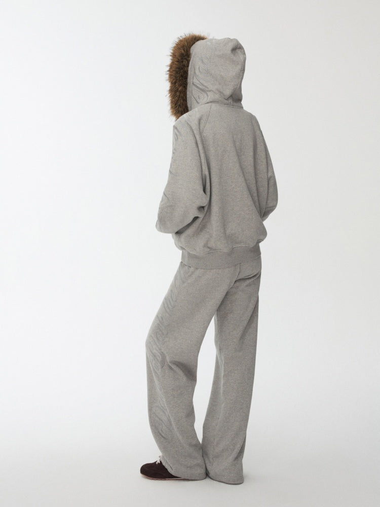 Heavy Flower Embroidered Fur Collar Loose Hooded Drawstring Straight Sweatshirt【s0000014963】