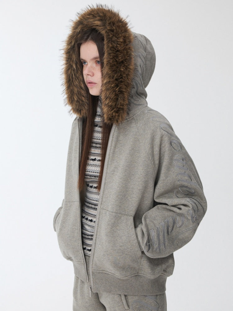 Heavy Flower Embroidered Fur Collar Loose Hooded Drawstring Straight Sweatshirt【s0000014963】