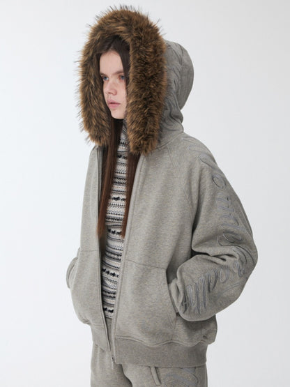 Heavy Flower Embroidered Fur Collar Loose Hooded Drawstring Straight Sweatshirt【s0000014963】