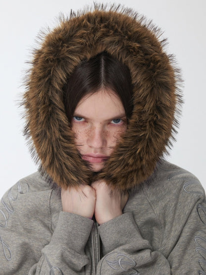 Heavy Flower Embroidered Fur Collar Loose Hooded Drawstring Straight Sweatshirt【s0000014963】