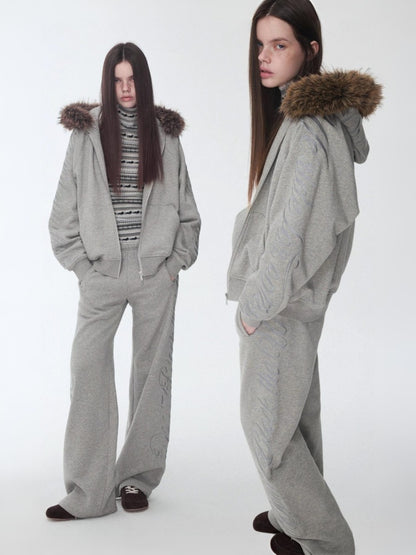 Heavy Flower Embroidered Fur Collar Loose Hooded Drawstring Straight Sweatshirt【s0000014963】