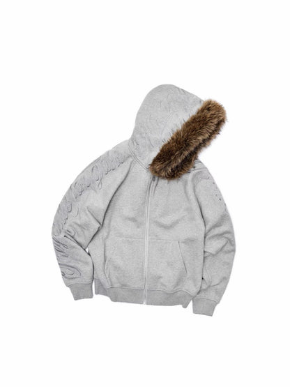 Heavy Flower Embroidered Fur Collar Loose Hooded Drawstring Straight Sweatshirt【s0000014963】