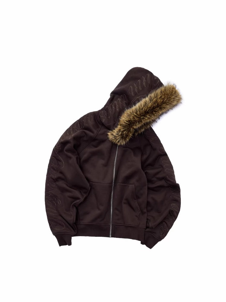 Heavy Flower Embroidered Fur Collar Loose Hooded Drawstring Straight Sweatshirt【s0000014963】
