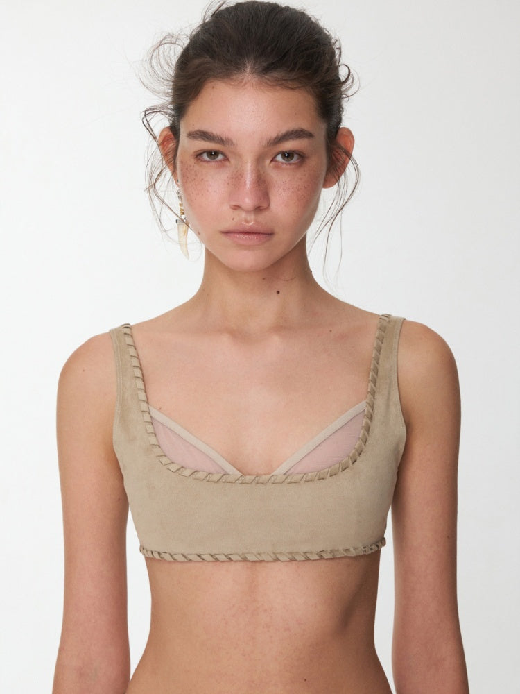 Fake 2 Pieces Suede Mesh Strap Sexy Corset Underwire-Free Comfort Lingerie【s0000014964】