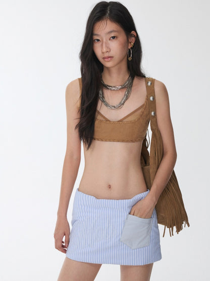 Fake 2 Pieces Suede Mesh Strap Sexy Corset Underwire-Free Comfort Lingerie【s0000014964】