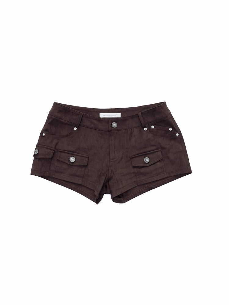 Vintage Suede Cargo Pocket Rivet Shorts Low Waist Hip Tight Hot Pants【s0000014966】