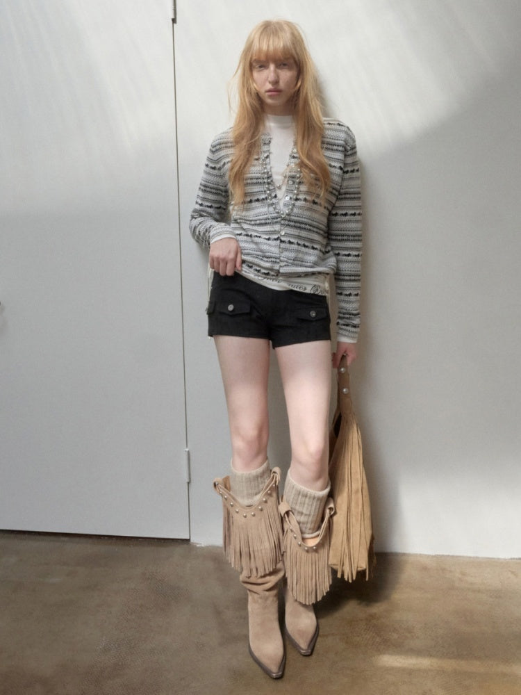 Vintage Suede Cargo Pocket Rivet Shorts Low Waist Hip Tight Hot Pants【s0000014966】