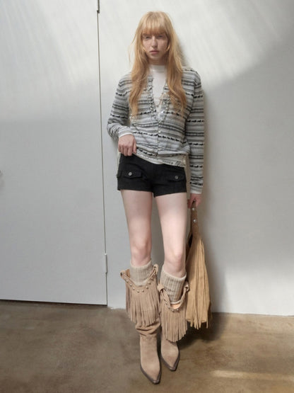 Vintage Suede Cargo Pocket Rivet Shorts Low Waist Hip Tight Hot Pants【s0000014966】