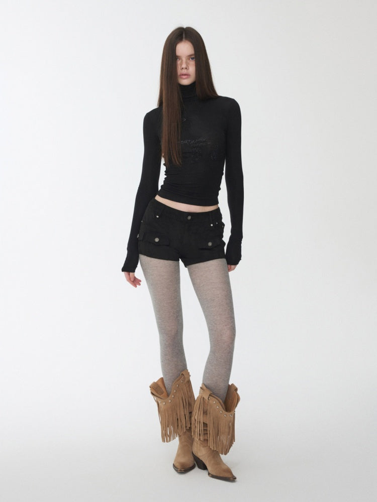 Vintage Suede Cargo Pocket Rivet Shorts Low Waist Hip Tight Hot Pants【s0000014966】