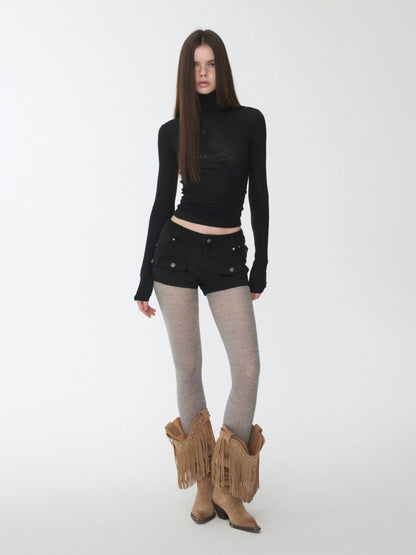 Vintage Suede Cargo Pocket Rivet Shorts Low Waist Hip Tight Hot Pants【s0000014966】