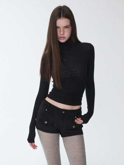 Vintage Suede Cargo Pocket Rivet Shorts Low Waist Hip Tight Hot Pants【s0000014966】