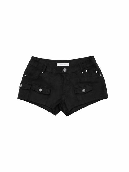 Vintage Suede Cargo Pocket Rivet Shorts Low Waist Hip Tight Hot Pants【s0000014966】