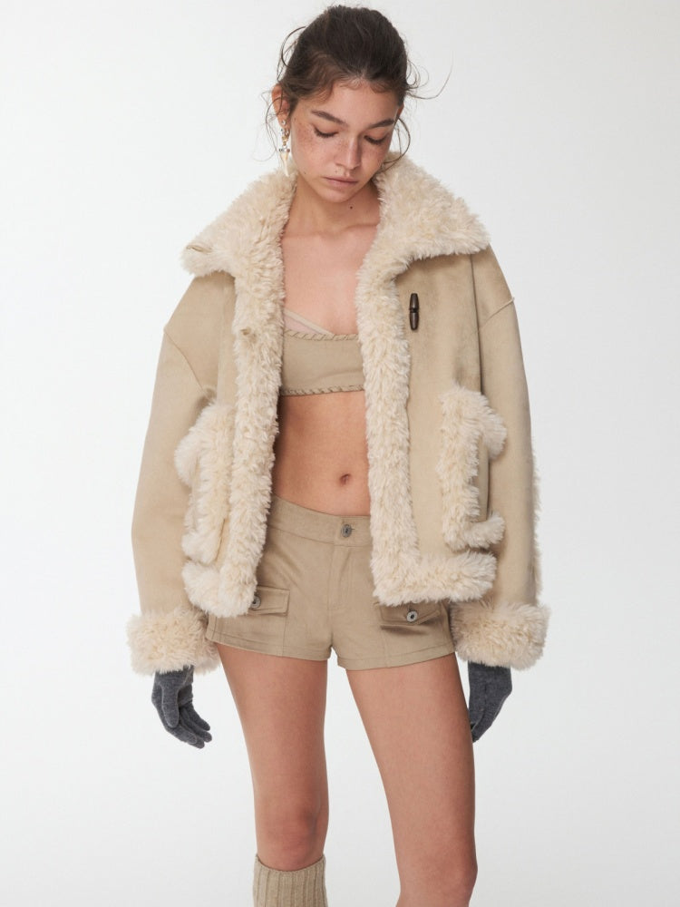 Vintage Suede Cargo Pocket Rivet Shorts Low Waist Hip Tight Hot Pants【s0000014966】