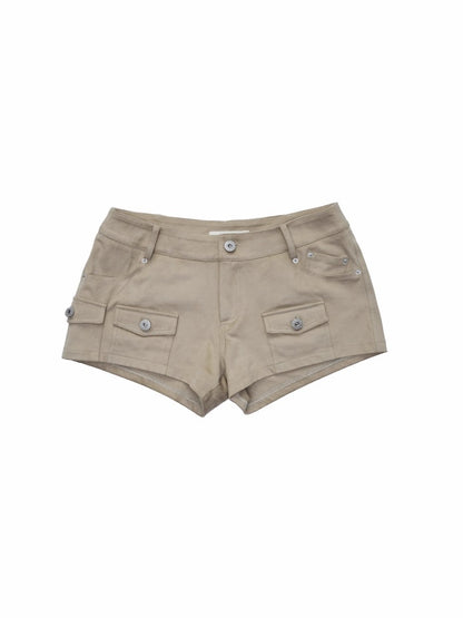Vintage Suede Cargo Pocket Rivet Shorts Low Waist Hip Tight Hot Pants【s0000014966】