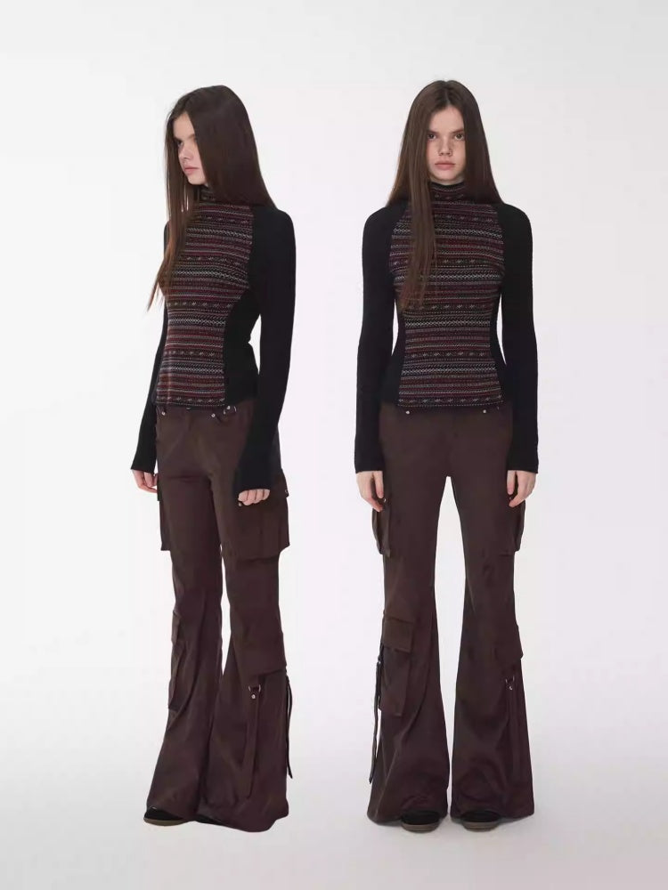 Vintage Suede Rivet Multi-Pocket Bootcut Cargo Streamer Design Slim Flared Pants【s0000014967】