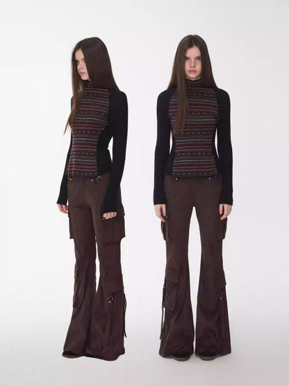 Vintage Suede Rivet Multi-Pocket Bootcut Cargo Streamer Design Slim Flared Pants【s0000014967】