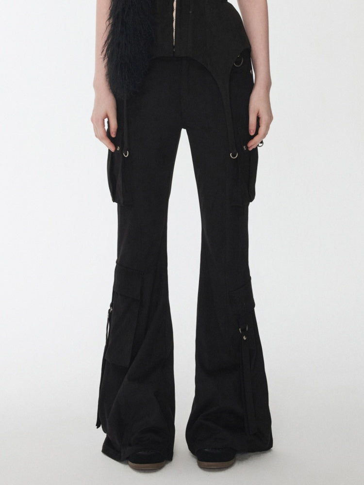 Vintage Suede Rivet Multi-Pocket Bootcut Cargo Streamer Design Slim Flared Pants【s0000014967】
