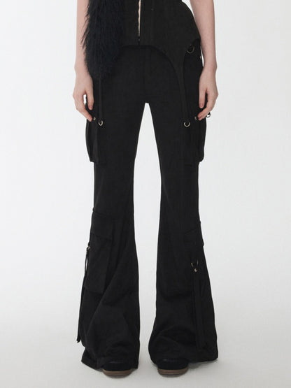 Vintage Suede Rivet Multi-Pocket Bootcut Cargo Streamer Design Slim Flared Pants【s0000014967】