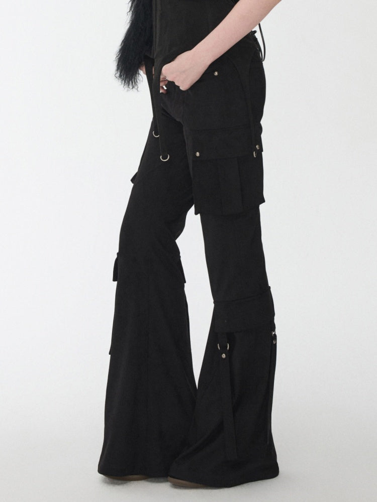 Vintage Suede Rivet Multi-Pocket Bootcut Cargo Streamer Design Slim Flared Pants【s0000014967】