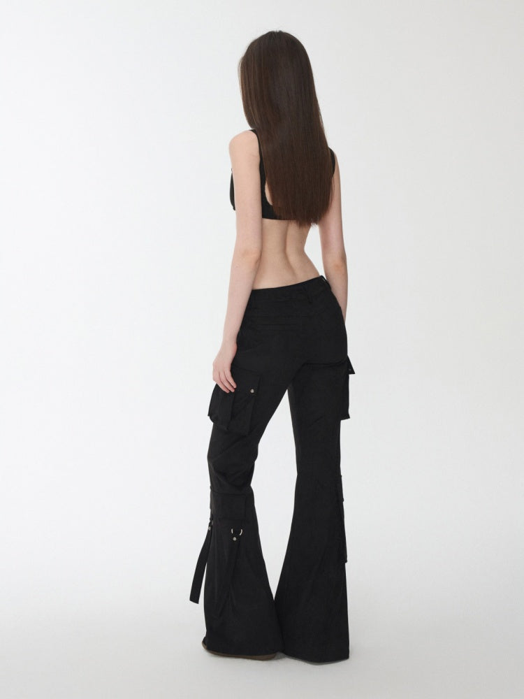 Vintage Suede Rivet Multi-Pocket Bootcut Cargo Streamer Design Slim Flared Pants【s0000014967】