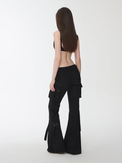 Vintage Suede Rivet Multi-Pocket Bootcut Cargo Streamer Design Slim Flared Pants【s0000014967】