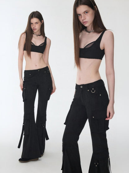 Vintage Suede Rivet Multi-Pocket Bootcut Cargo Streamer Design Slim Flared Pants【s0000014967】