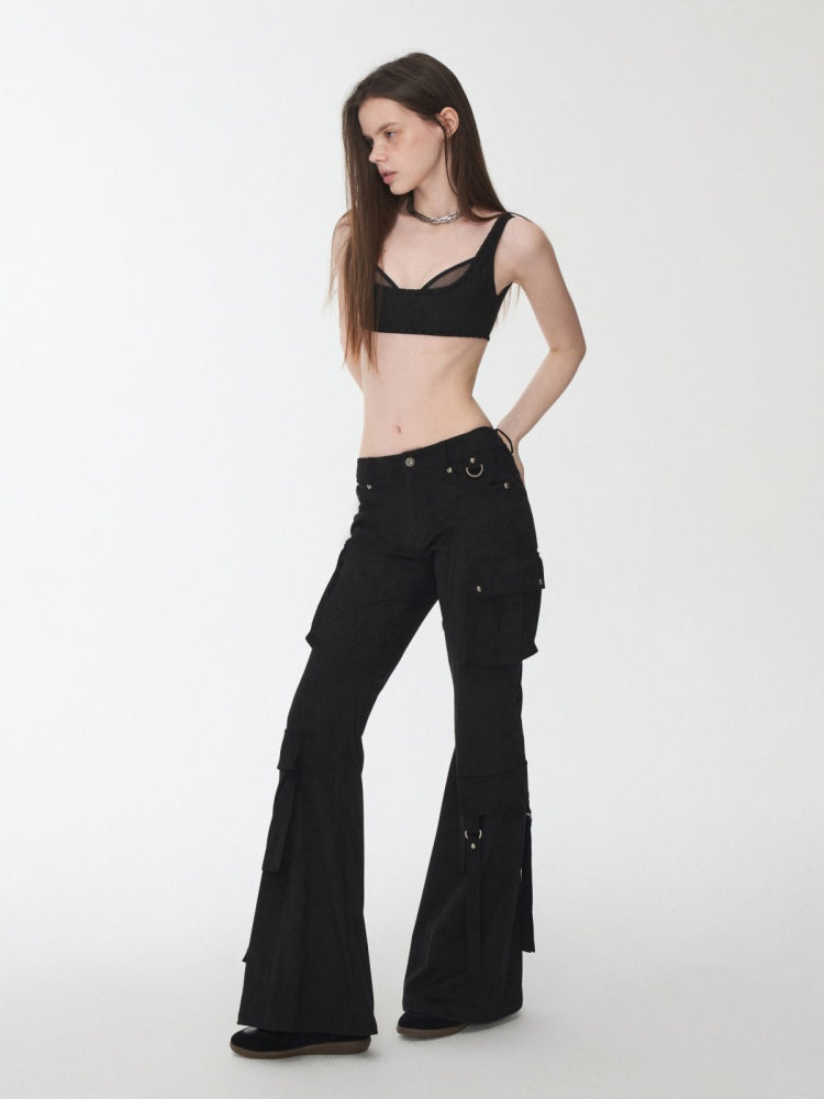 Vintage Suede Rivet Multi-Pocket Bootcut Cargo Streamer Design Slim Flared Pants【s0000014967】