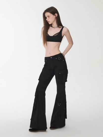 Vintage Suede Rivet Multi-Pocket Bootcut Cargo Streamer Design Slim Flared Pants【s0000014967】