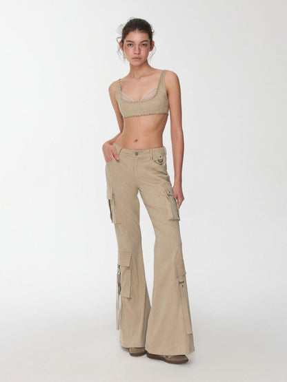 Vintage Suede Rivet Multi-Pocket Bootcut Cargo Streamer Design Slim Flared Pants【s0000014967】