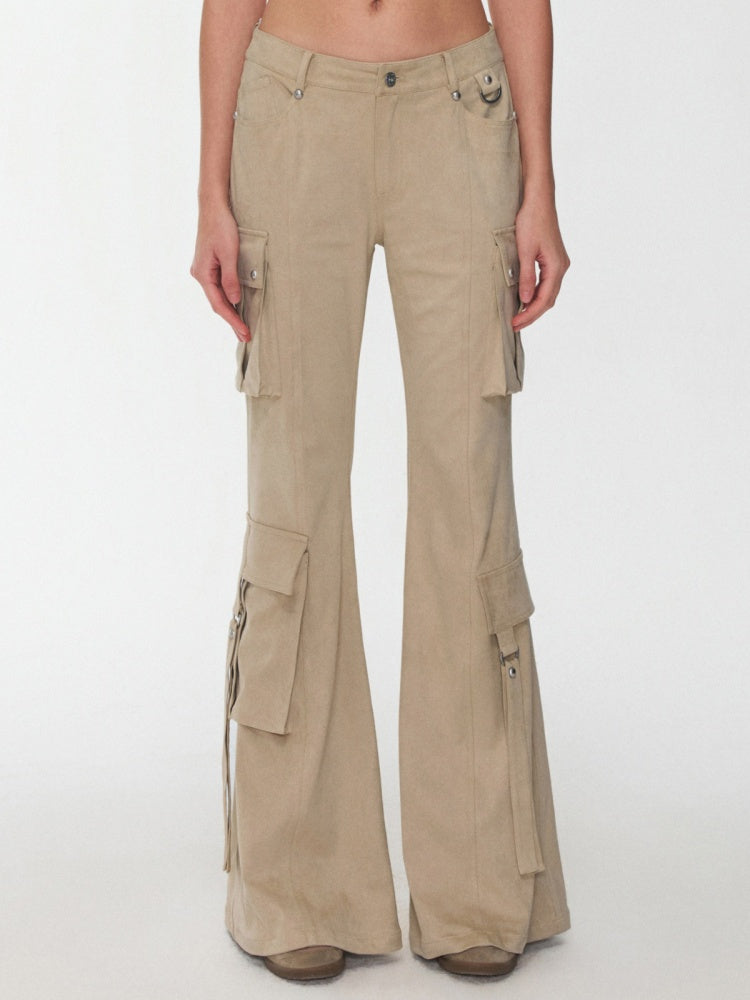 Vintage Suede Rivet Multi-Pocket Bootcut Cargo Streamer Design Slim Flared Pants【s0000014967】