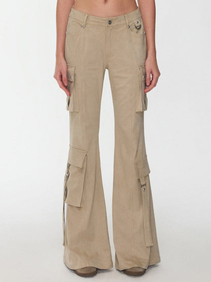 Vintage Suede Rivet Multi-Pocket Bootcut Cargo Streamer Design Slim Flared Pants【s0000014967】