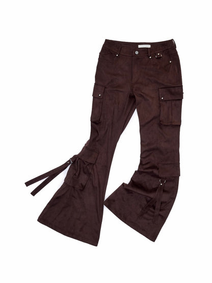 Vintage Suede Rivet Multi-Pocket Bootcut Cargo Streamer Design Slim Flared Pants【s0000014967】