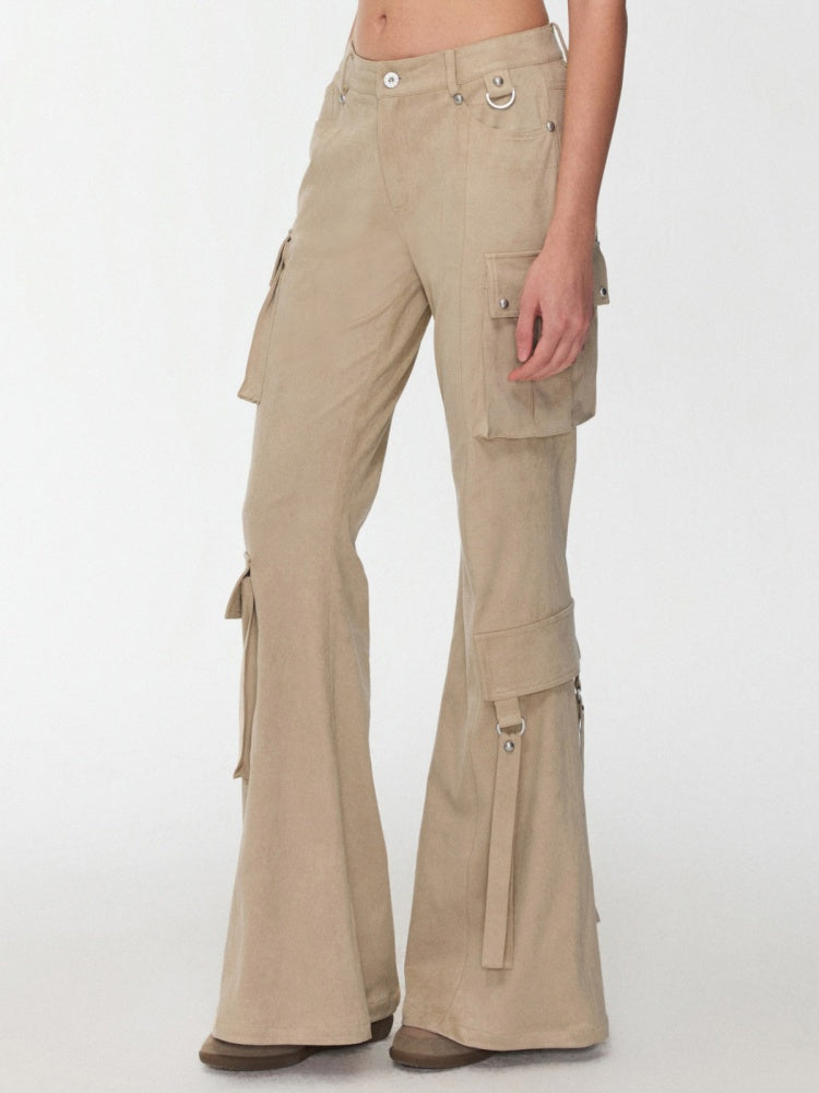 Vintage Suede Rivet Multi-Pocket Bootcut Cargo Streamer Design Slim Flared Pants【s0000014967】