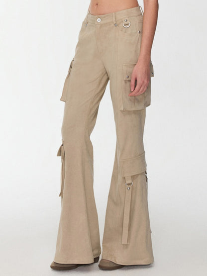 Vintage Suede Rivet Multi-Pocket Bootcut Cargo Streamer Design Slim Flared Pants【s0000014967】