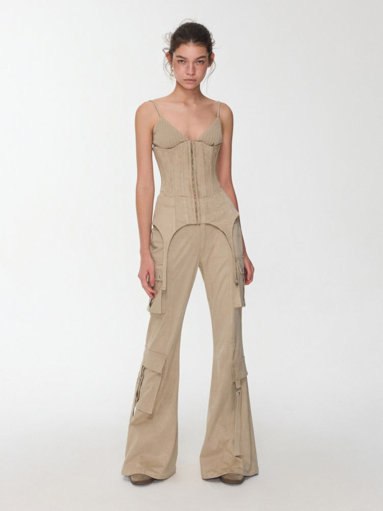 Vintage Suede Rivet Multi-Pocket Bootcut Cargo Streamer Design Slim Flared Pants【s0000014967】