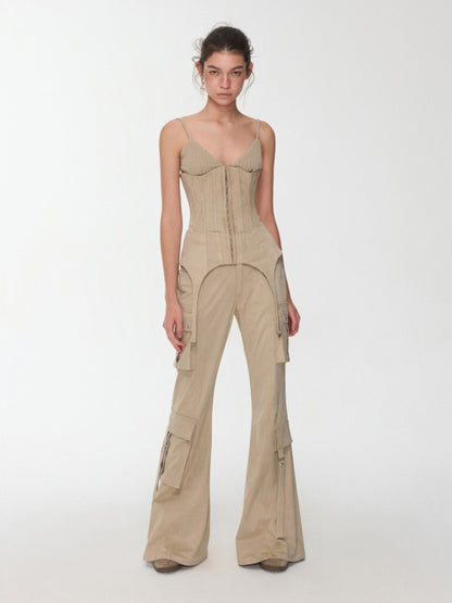 Vintage Suede Rivet Multi-Pocket Bootcut Cargo Streamer Design Slim Flared Pants【s0000014967】