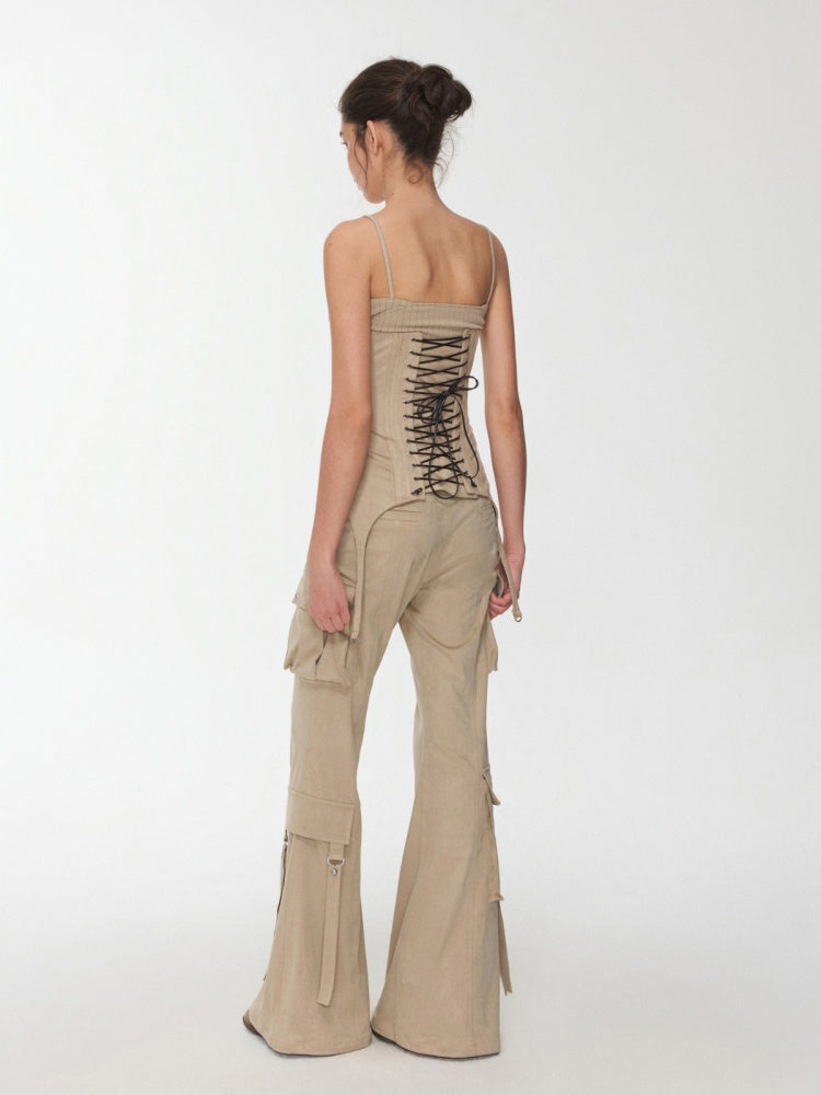 Vintage Suede Rivet Multi-Pocket Bootcut Cargo Streamer Design Slim Flared Pants【s0000014967】