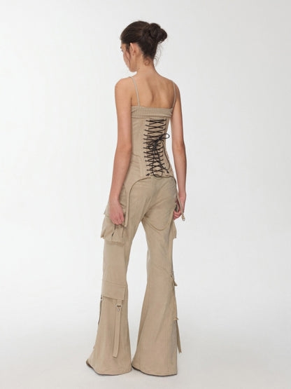 Vintage Suede Rivet Multi-Pocket Bootcut Cargo Streamer Design Slim Flared Pants【s0000014967】