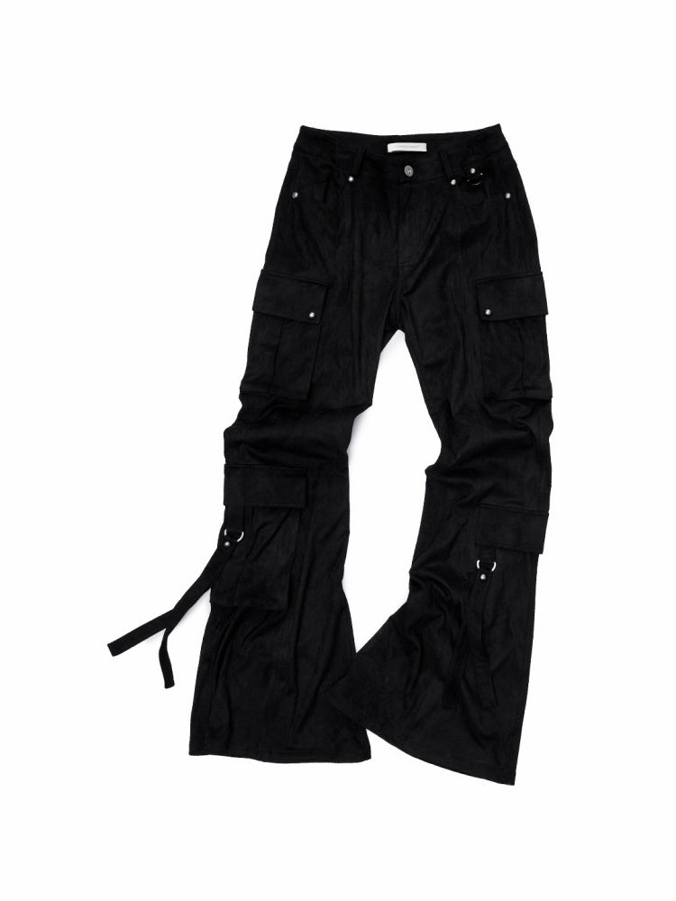 Vintage Suede Rivet Multi-Pocket Bootcut Cargo Streamer Design Slim Flared Pants【s0000014967】