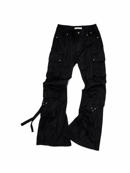 Vintage Suede Rivet Multi-Pocket Bootcut Cargo Streamer Design Slim Flared Pants【s0000014967】