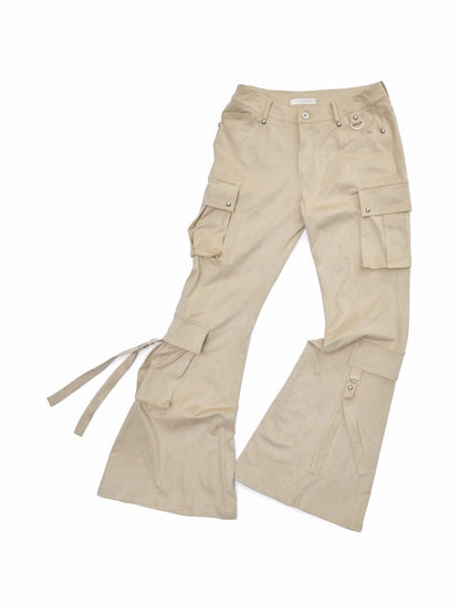 Vintage Suede Rivet Multi-Pocket Bootcut Cargo Streamer Design Slim Flared Pants【s0000014967】