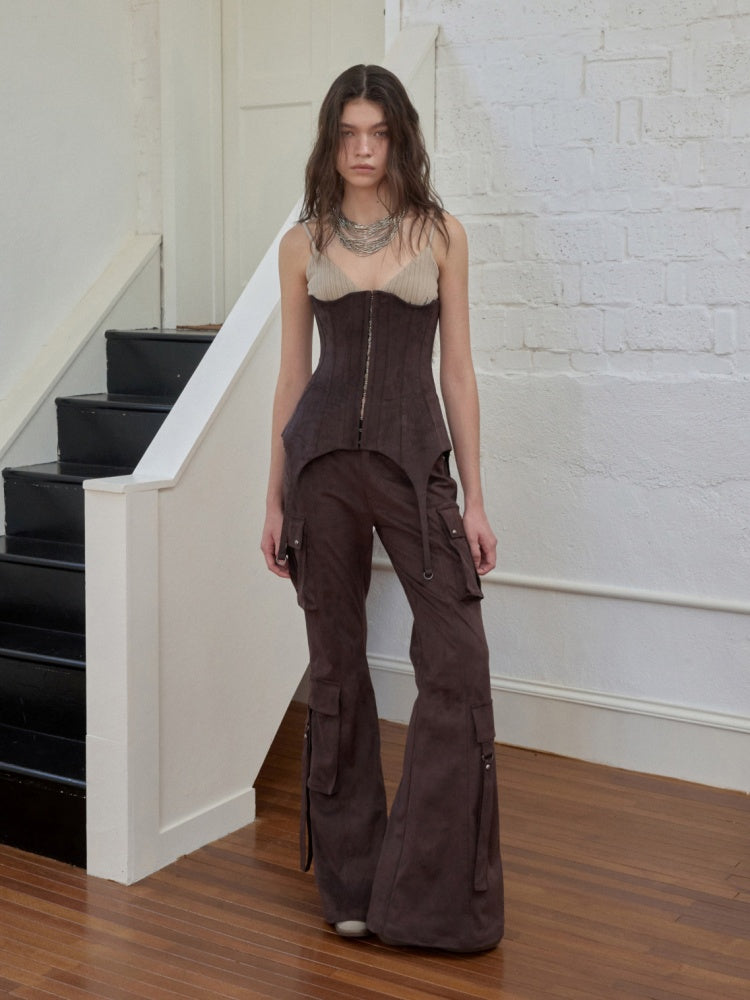 Vintage Suede Rivet Multi-Pocket Bootcut Cargo Streamer Design Slim Flared Pants【s0000014967】