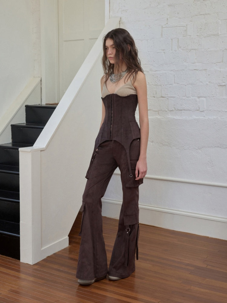 Vintage Suede Rivet Multi-Pocket Bootcut Cargo Streamer Design Slim Flared Pants【s0000014967】