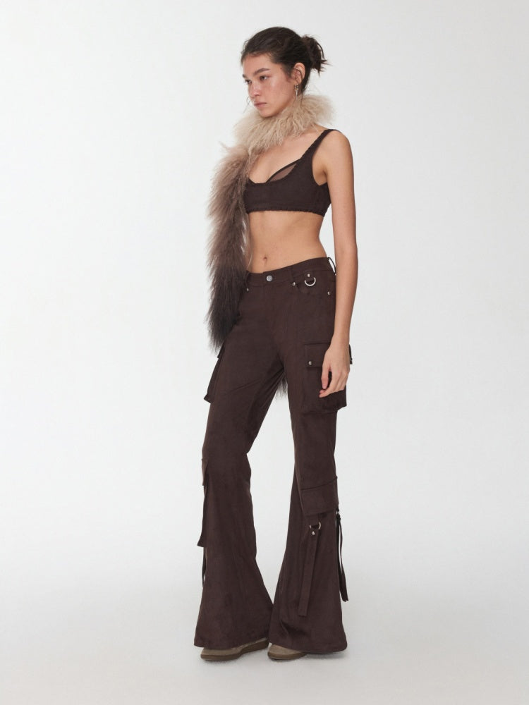 Vintage Suede Rivet Multi-Pocket Bootcut Cargo Streamer Design Slim Flared Pants【s0000014967】