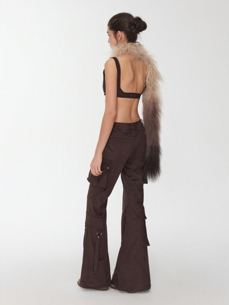 Vintage Suede Rivet Multi-Pocket Bootcut Cargo Streamer Design Slim Flared Pants【s0000014967】