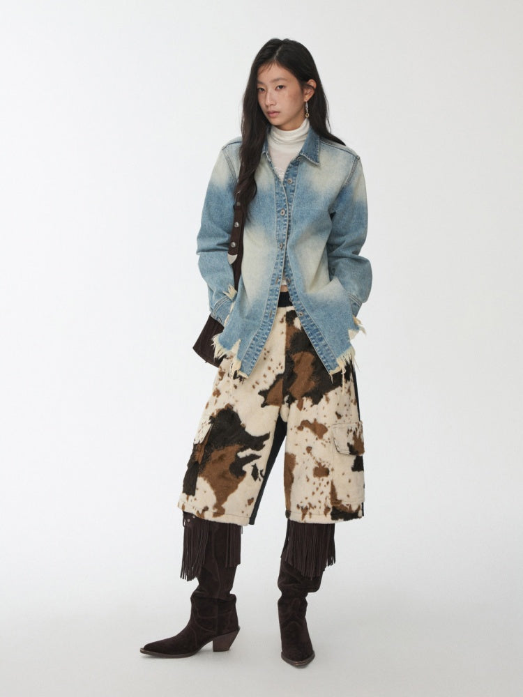Cow Pattern Eco-Friendly Fur Patchwork Cropped Shorts Loose Versatile Wide-Leg Underpants【s0000014968】