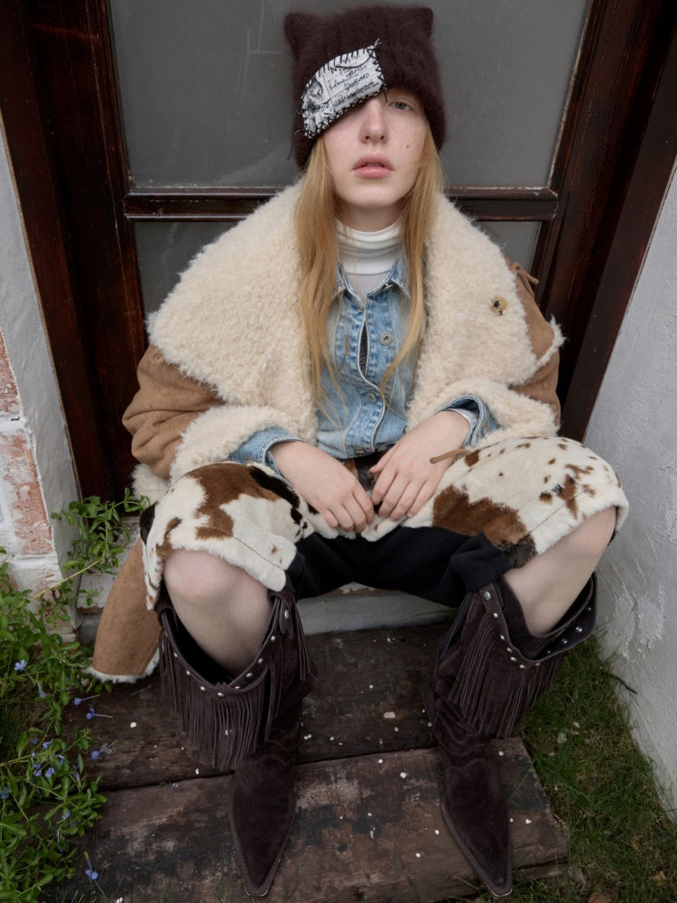 Cow Pattern Eco-Friendly Fur Patchwork Cropped Shorts Loose Versatile Wide-Leg Underpants【s0000014968】