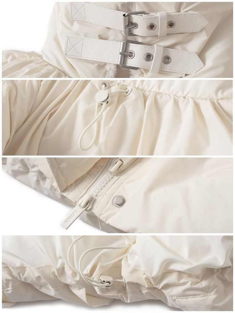 Lambs Wool Stand-Up Collar Belt Pleated Cotton Flower Bud Design Down Jacket【s0000014969】