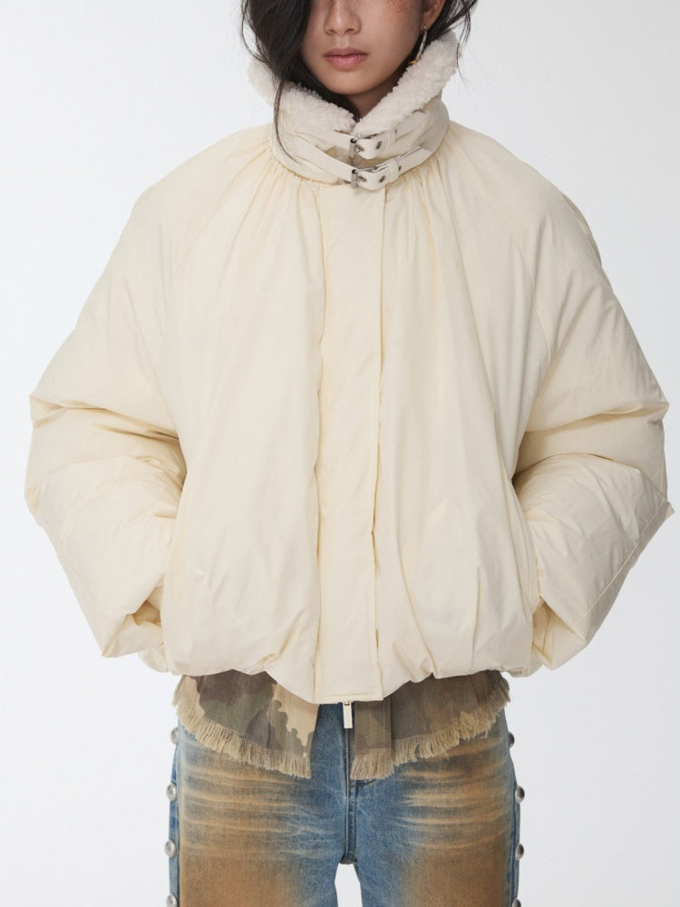 Lambs Wool Stand-Up Collar Belt Pleated Cotton Flower Bud Design Down Jacket【s0000014969】